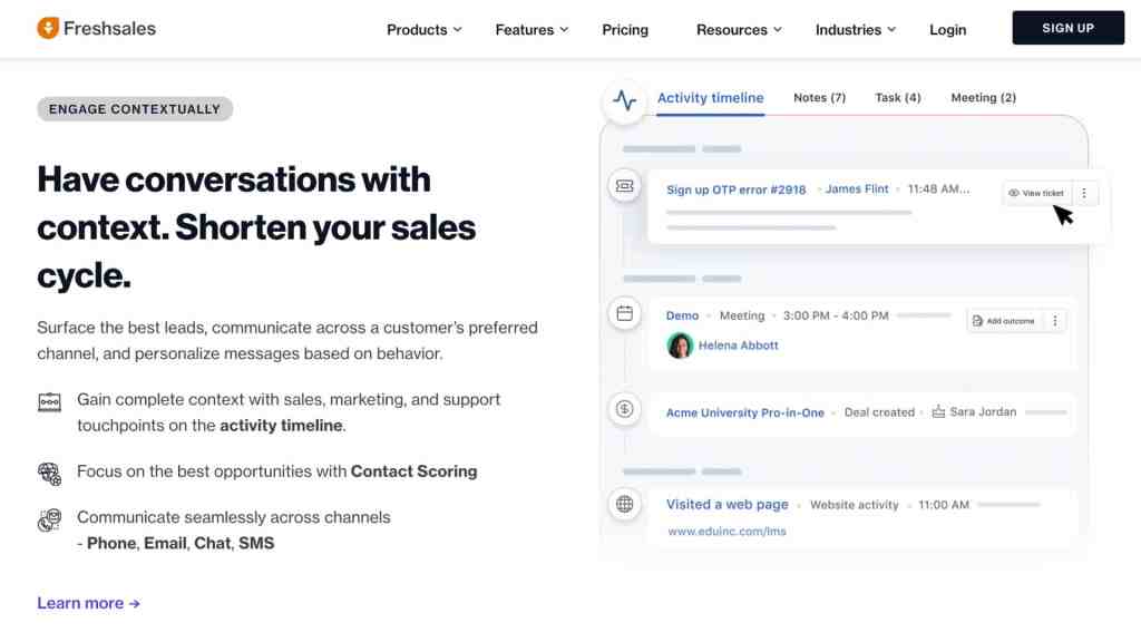 Freshsales marketing page and screenshot of their CRM contact service
